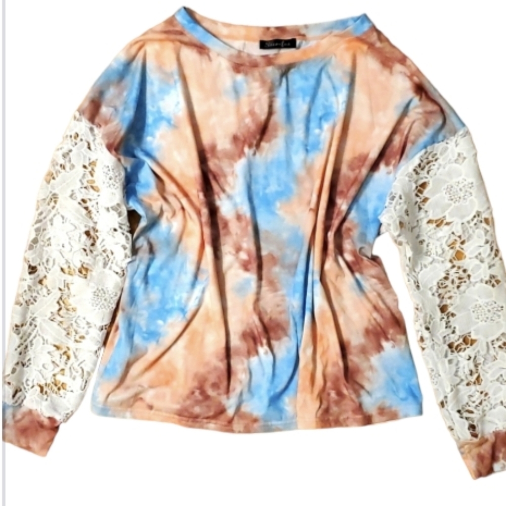 Sucrefas Womans Tie Dye Lace Long Sleeve Sweatshirt Shirt‎ Size XL